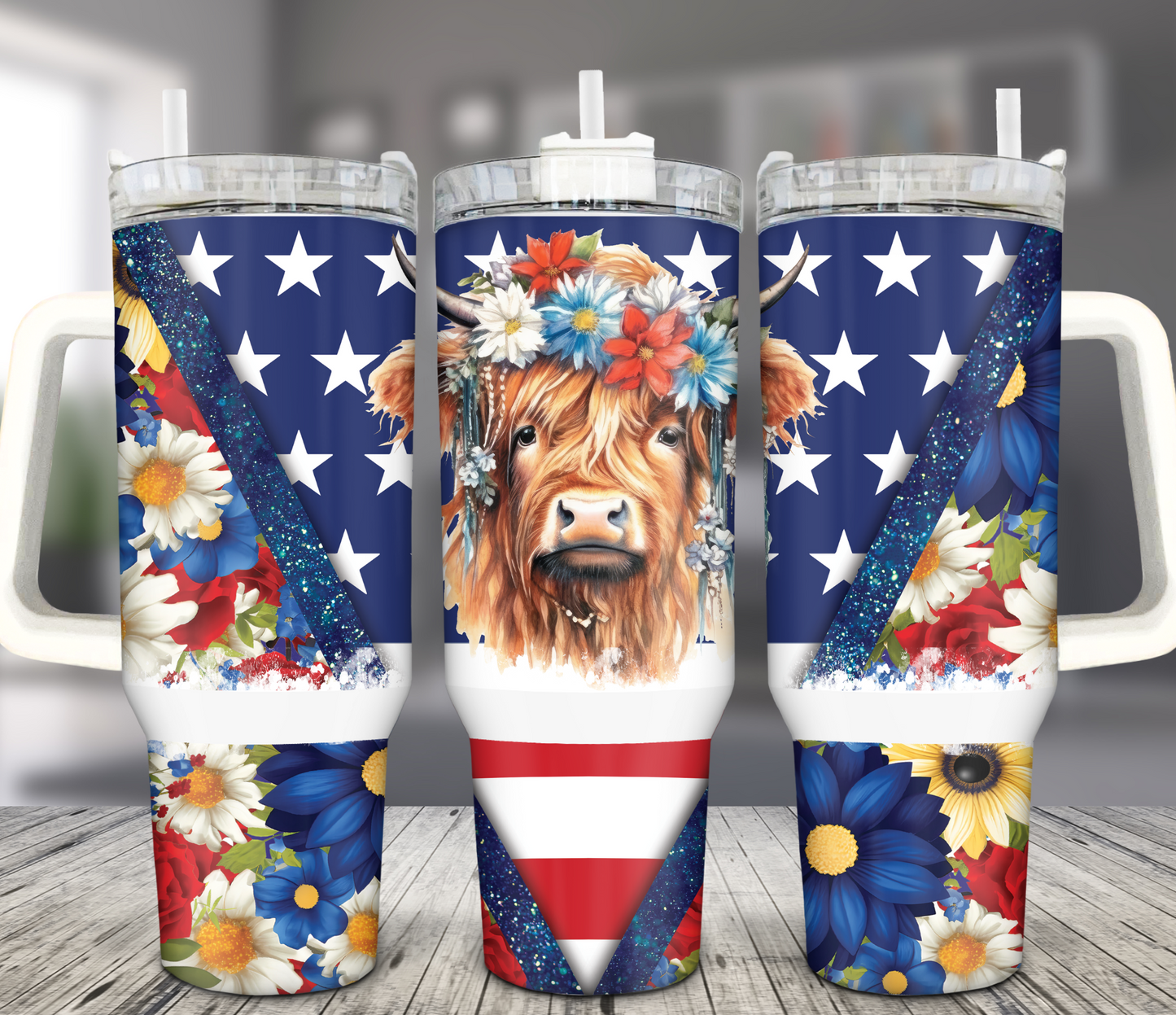 40OZ WHITE TALL CAR MUG TUMBLER - PATRIOTIC HIGHLAND COW