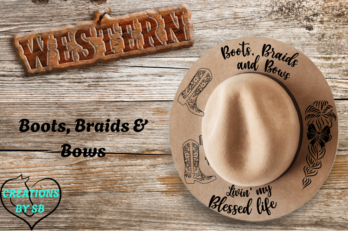 BOOTS BRAIDS & BOWS - WIDE BRIM BURNED HAT
