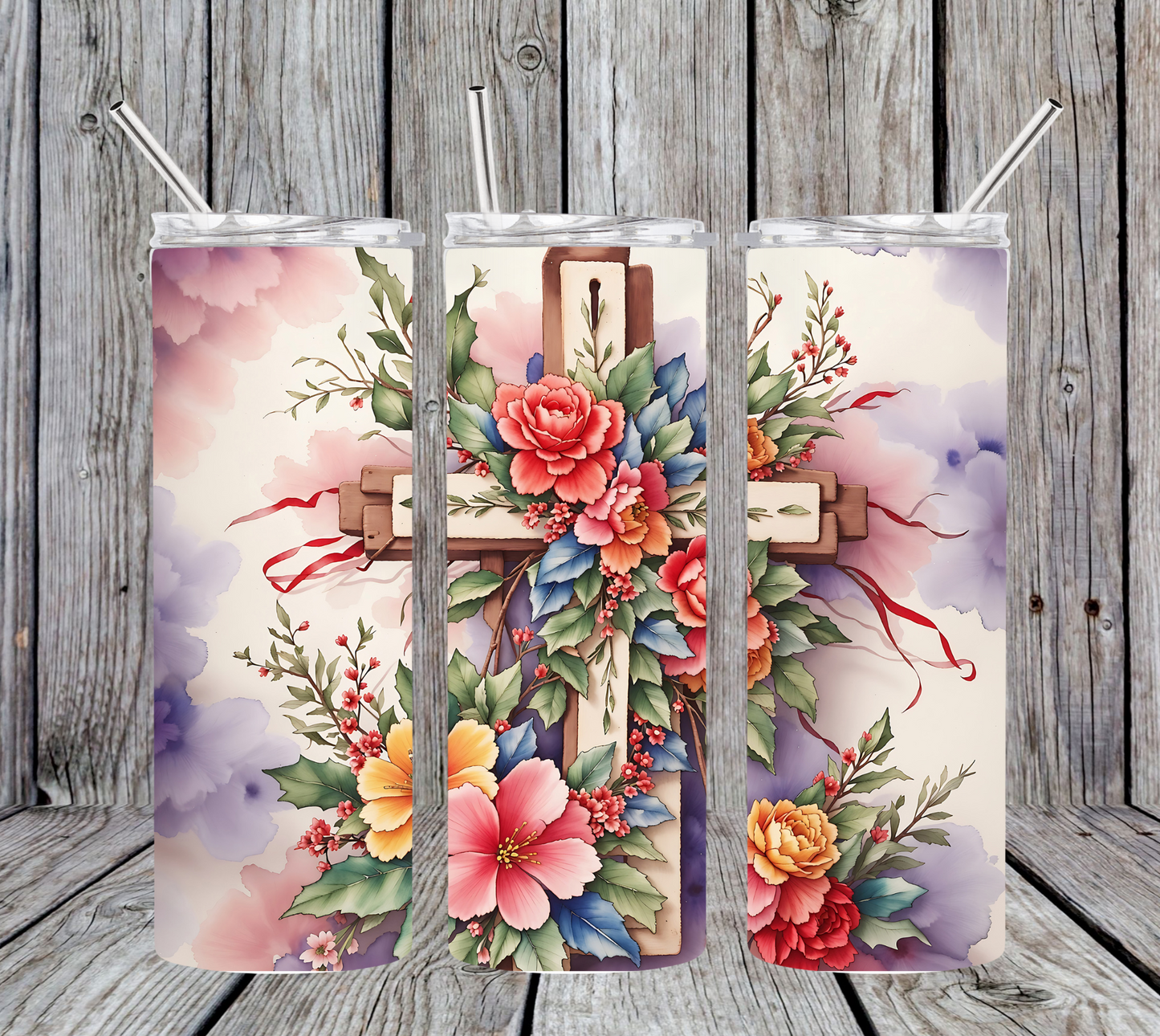 30OZ SKINNY TUMBLER - CROSS WITH FLOWERS