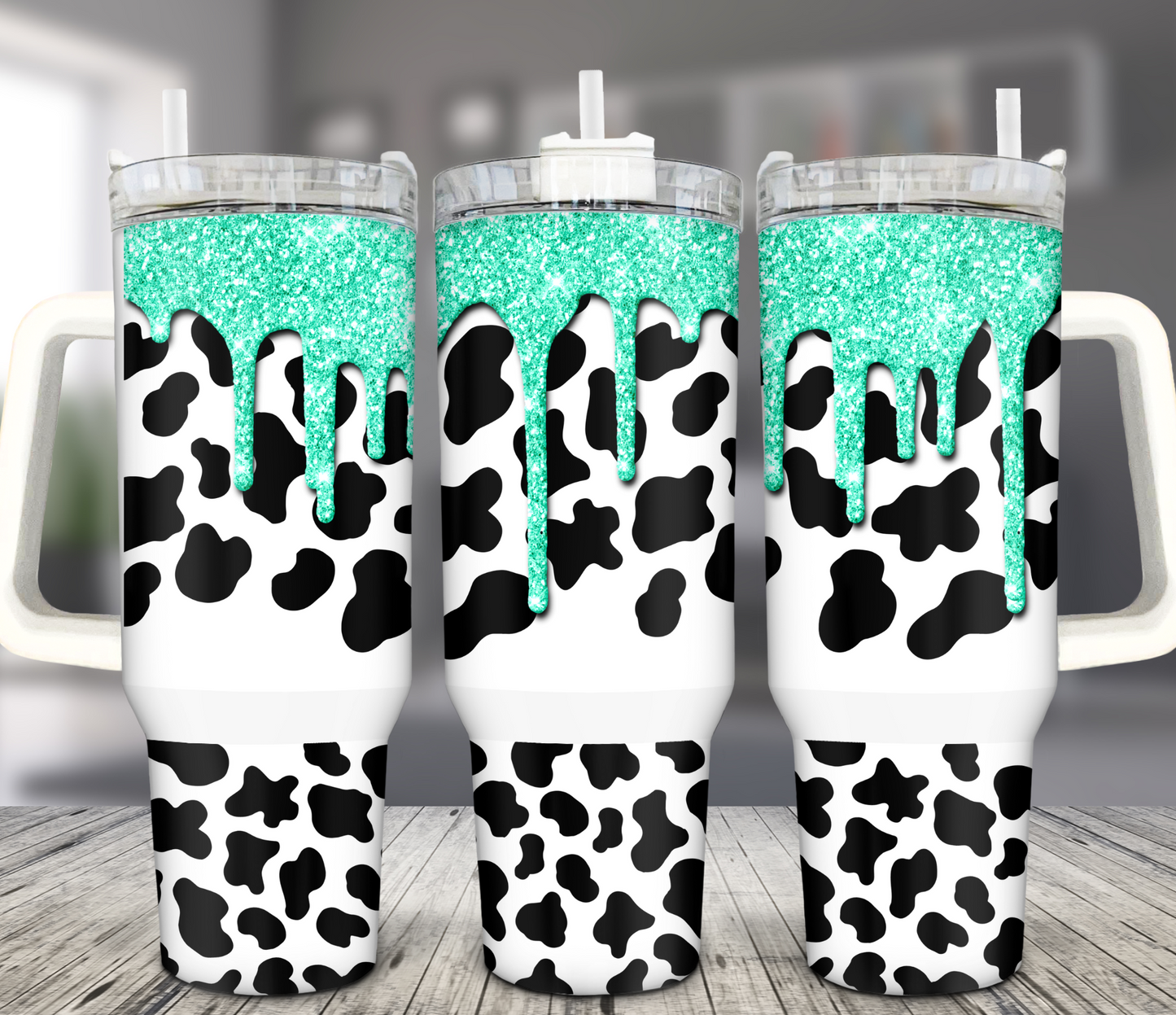 40OZ WHITE TALL CAR MUG TUMBLER - TEAL WITH COW PRINT