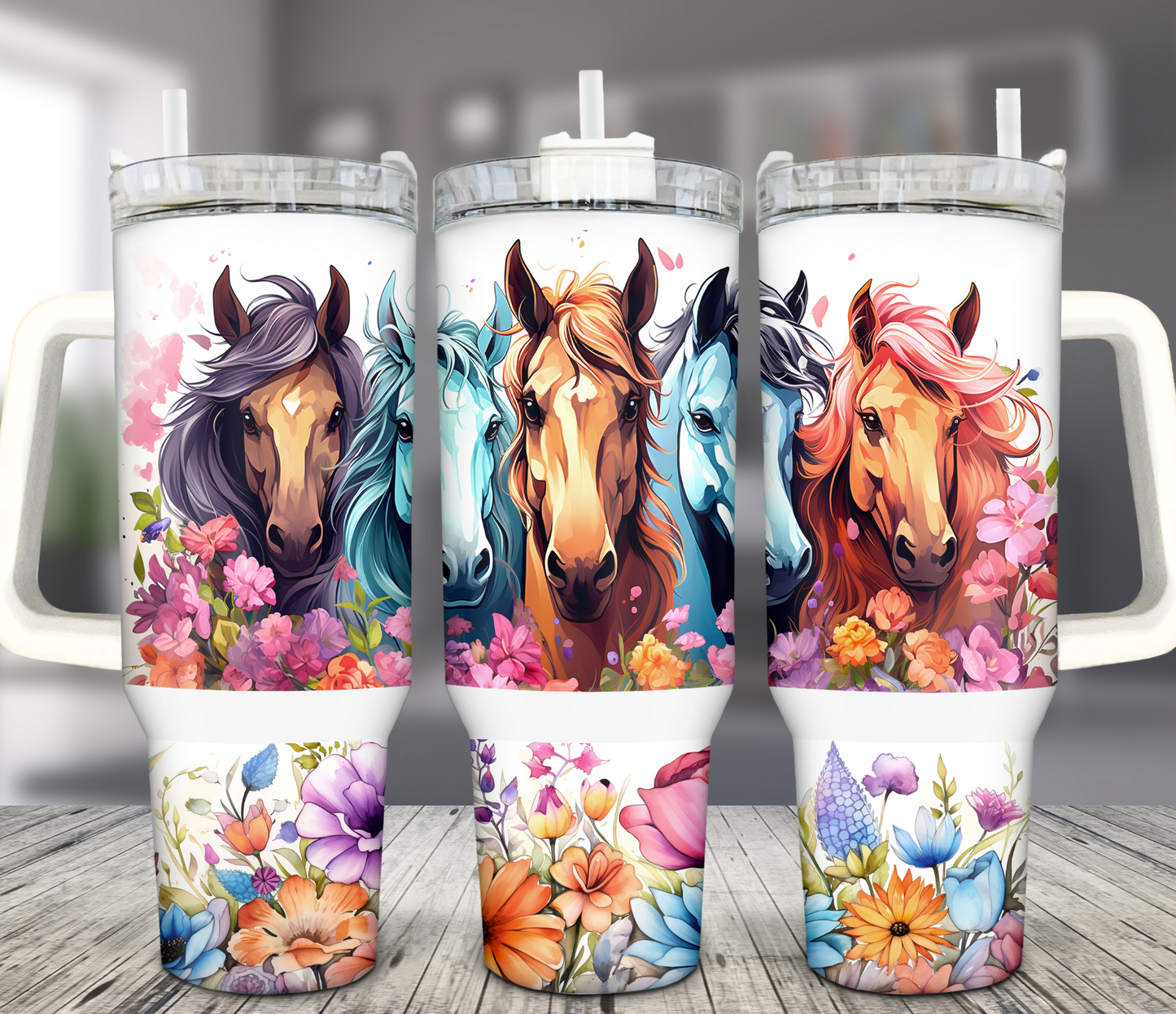 40OZ WHITE TALL CAR MUG TUMBLER - MULTIPLE HORSES