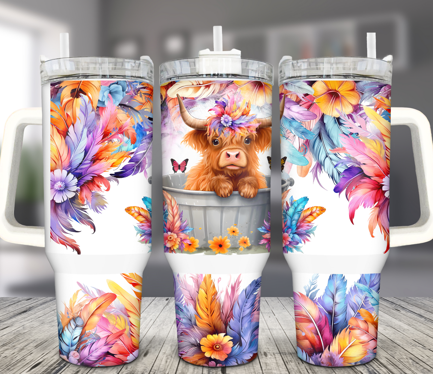 40OZ WHITE TALL CAR MUG TUMBLER - HIGHLAND COW IN PAIL
