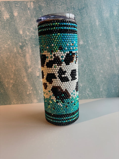 20oz TEAL AND COW PRINT RHINESTONE TUMBLER