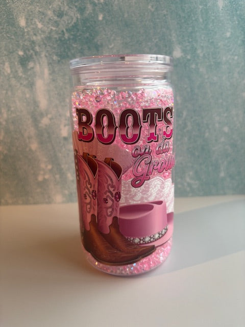 16oz PINK BOOTS ON THE GROUND RHINESTONE SNOWGLOBE TUMBLER