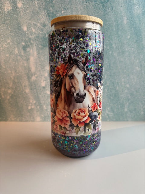 20oz GLASS FLOWER HORSE SNOWGLOBE TUMBLER