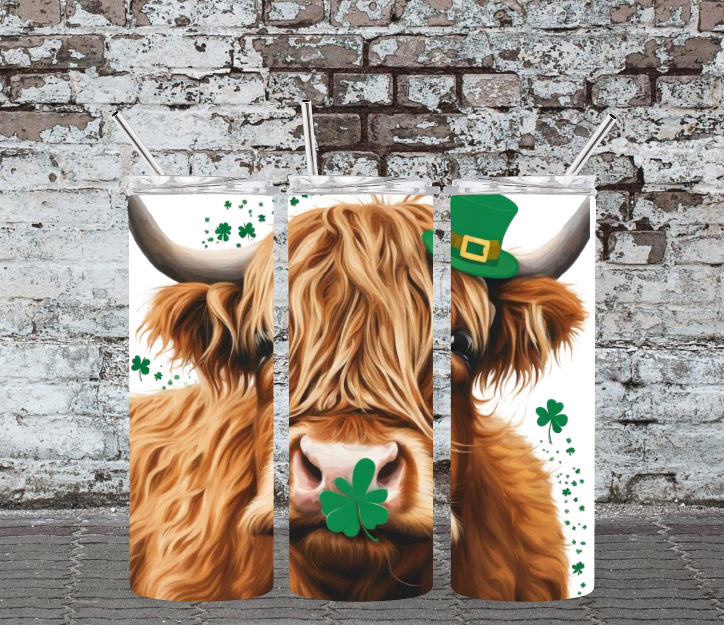 20OZ SKINNY TUMBLER - ST. PATTY'S DAY HIGHLAND COW WITH 4 LEAF CLOVER ON NOSE