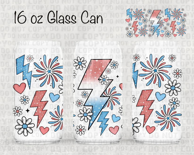 16OZ GLASS TUMBLER - JULY 4TH LIGHTENING BOLT