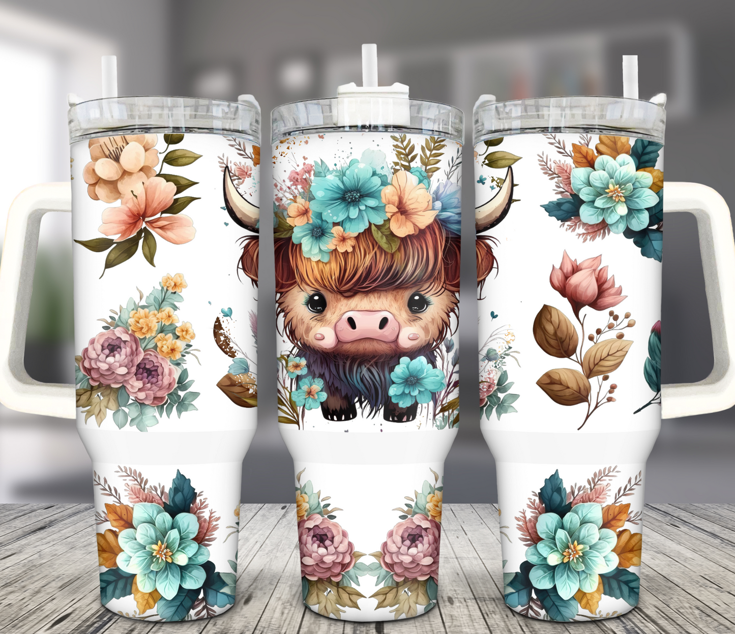 40OZ WHITE TALL CAR MUG TUMBLER - MINI HIGHLAND COW WITH FLOWERS