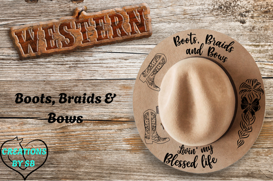 BOOTS BRAIDS & BOWS - WIDE BRIM BURNED HAT