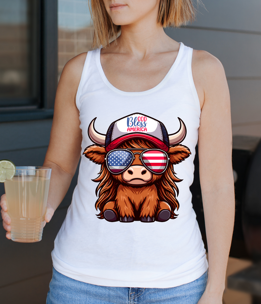 GOD BLESS AMERICA HIGHLAND COW- RACERBACK TANK