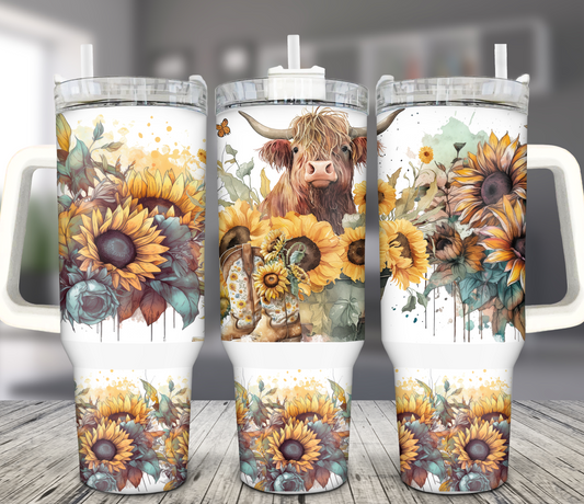 40OZ WHITE TALL CAR MUG TUMBLER - HIGHLAND COW WITH SUNFLOWES AND BOOTS
