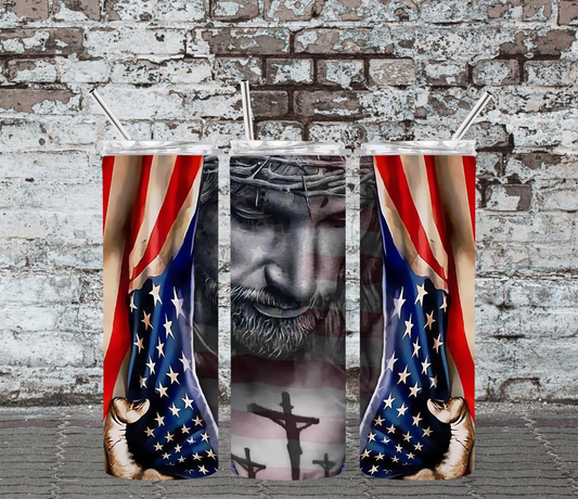 20OZ SKINNY TUMBLER - JESUS WITH AMERICAN FLAG/CROSS