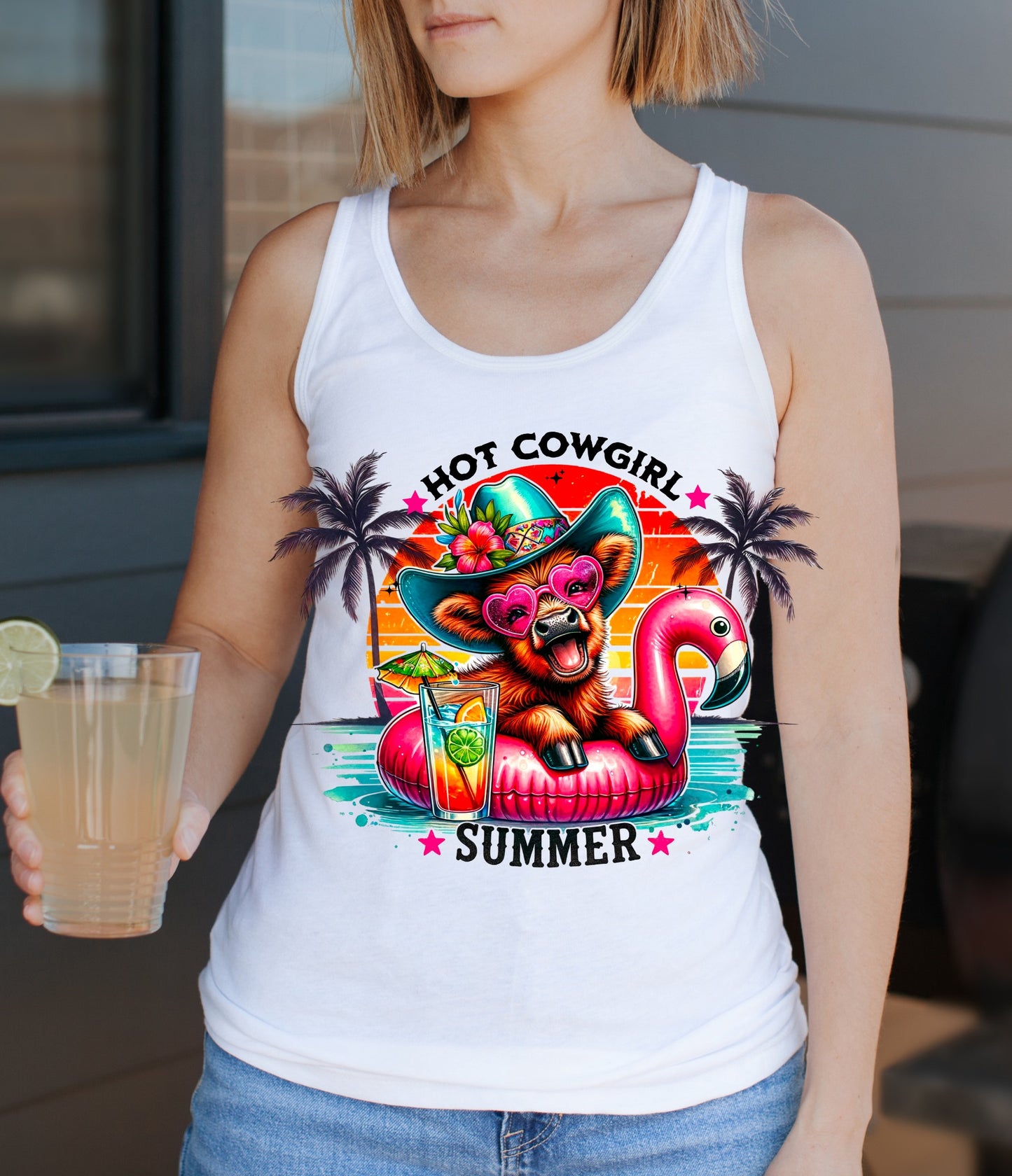 RACERBACK TANK -HOT COWGIRL SUMMER HIGHLAND COW