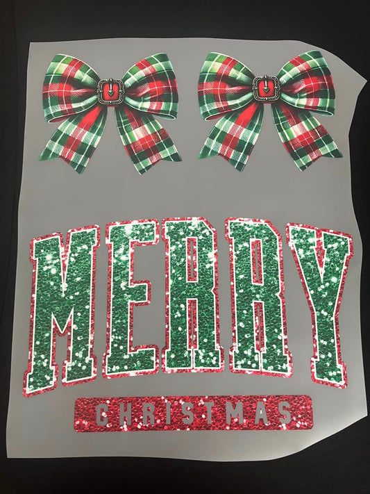 RED/GREEN PLAID MERRY CHRISTMAS WITH SIDE BOWS - DTF