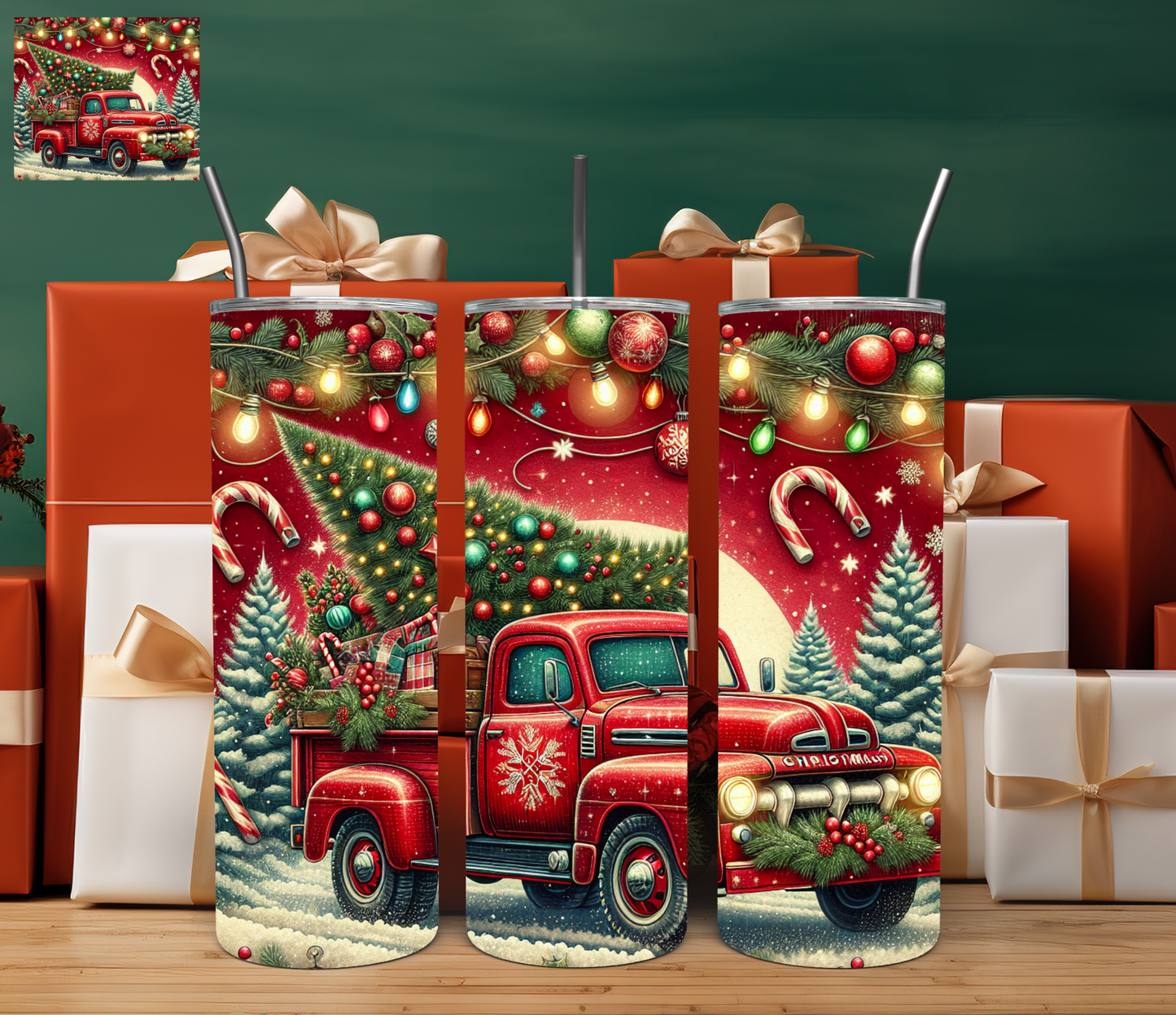 RED CHRISTMAS TREE TRUCK - 20OZ SKINNY TUMBLER