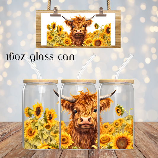 16OZ GLASS TUMBLER - HIGHLAND COW WITH SUNFLOWERS