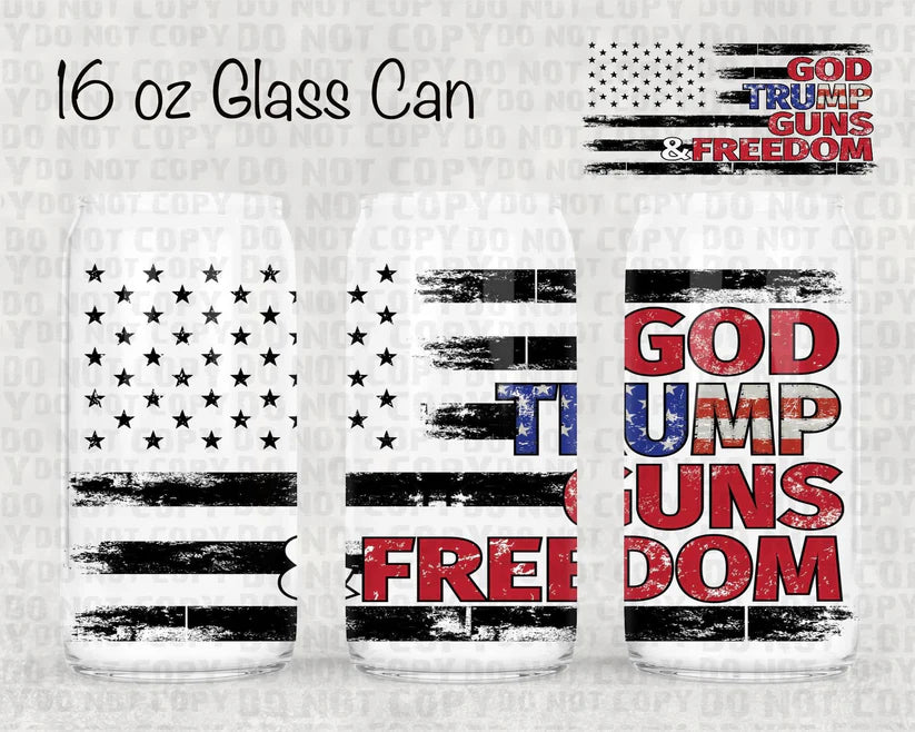 16OZ GLASS TUMBLER - GOD GUNS TRUMP & FREEDOM