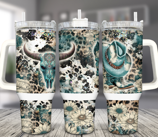 40OZ WHITE TALL CAR MUG TUMBLER - TEAL HAT AND SKULL WITH FLOWERS