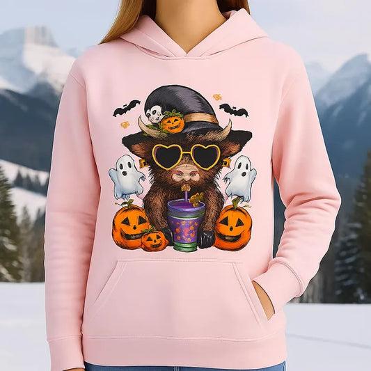 HIGHLAND COW HALLOWEEN SIPPING ON DRINK - HOODIE