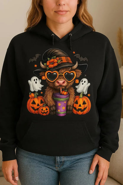 HIGHLAND COW HALLOWEEN SIPPING ON DRINK - HOODIE