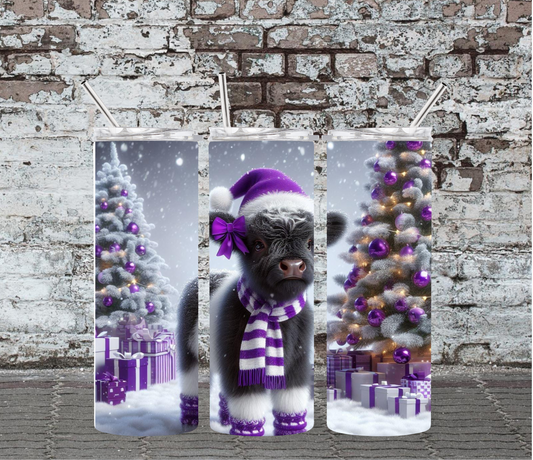 20OZ SKINNY TUMBLER - PURPLE & WHITE PLAID HIGHLAND COW